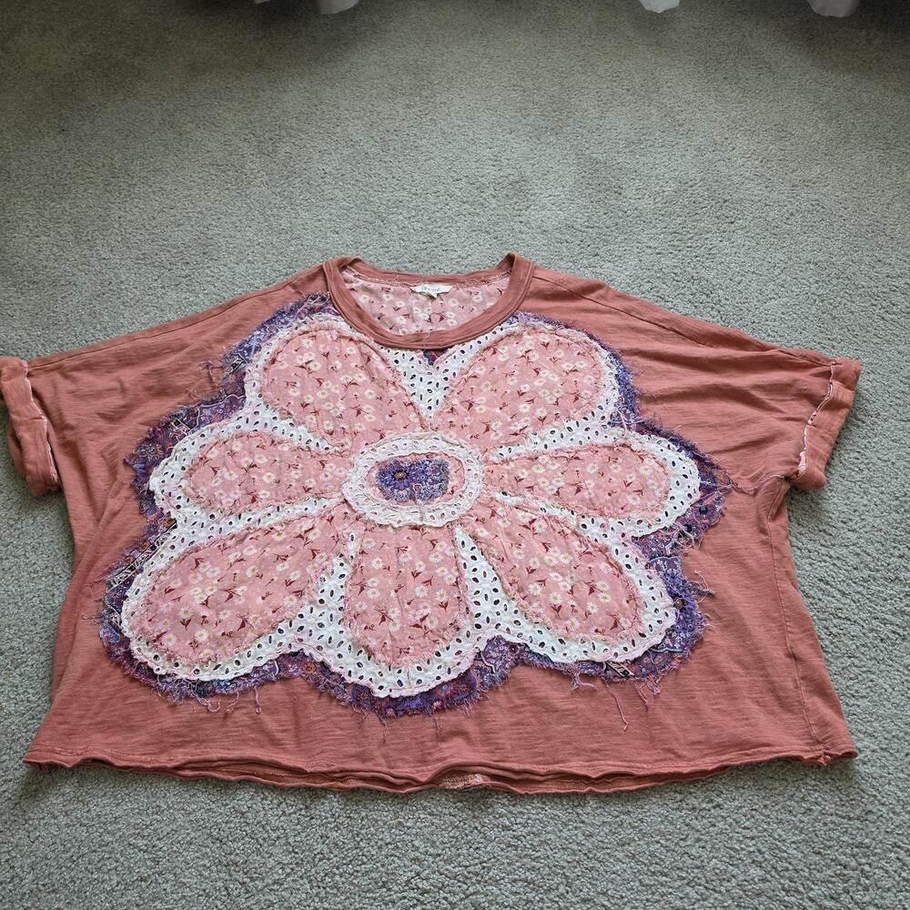 Oli & Hali Shirt Womens XL Pink Floral Applique Dolman Sleeve Boho Flower Tee